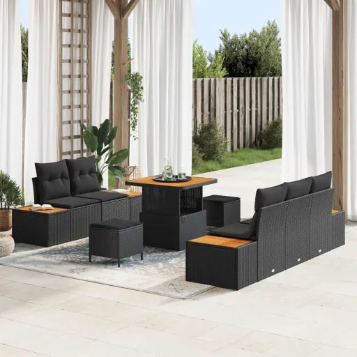 Conjunto de Sofá de Jardim   Preto Vime PE (8 pcs)