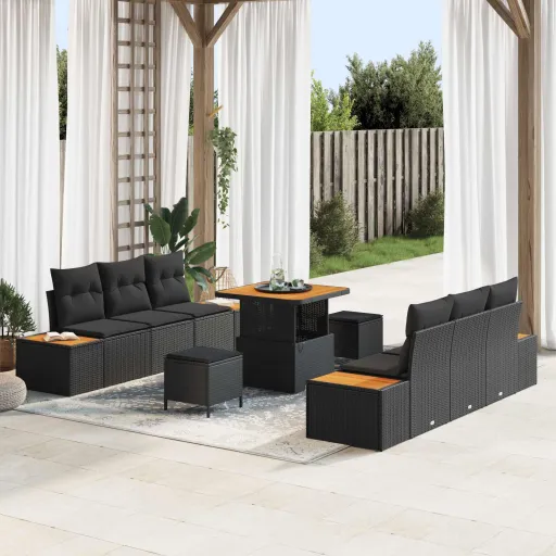 Conjunto de Sofá de Jardim   Preto Vime PE (9 pcs)