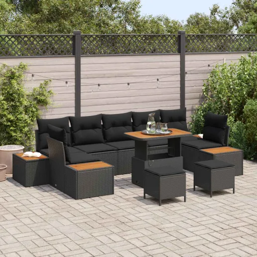 Conjunto de Sofá de Jardim   Preto Vime PE (10 pcs)