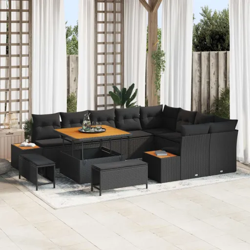 Conjunto de Sofá de Jardim   Preto Vime PE (12 pcs)