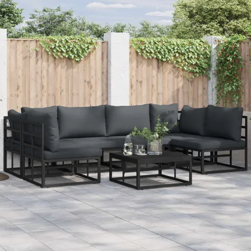 Conjunto de Sofá de Jardim com Almofada   Preto Alumínio (6 pcs)