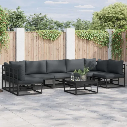 Conjunto de Sofá de Jardim com Almofada   Preto Alumínio (7 pcs)