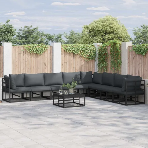 Conjunto de Sofá de Jardim com Almofada   Preto Alumínio (8 pcs)