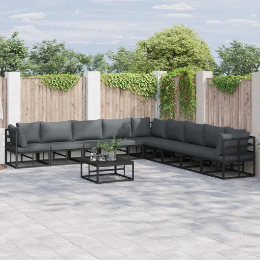 Conjunto de Sofá de Jardim com Almofada   Preto Alumínio (9 pcs)