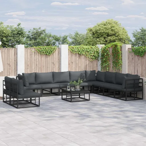 Conjunto de Sofá de Jardim com Almofada   Preto Alumínio (10 pcs)