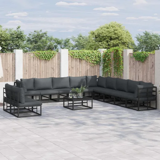 Conjunto de Sofá de Jardim com Almofada   Preto Alumínio (11 pcs)