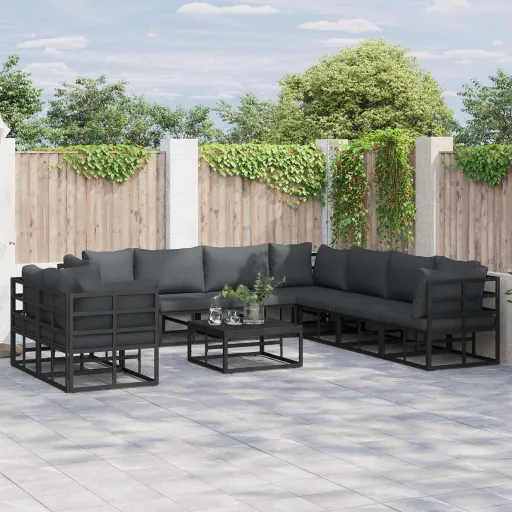 Conjunto de Sofá de Jardim com Almofada   Preto Alumínio (9 pcs)