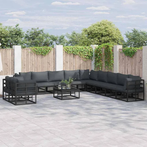 Conjunto de Sofá de Jardim com Almofada   Preto Alumínio (11 pcs)