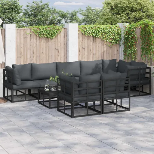 Conjunto de Sofá de Jardim com Almofada   Preto Alumínio (8 pcs)