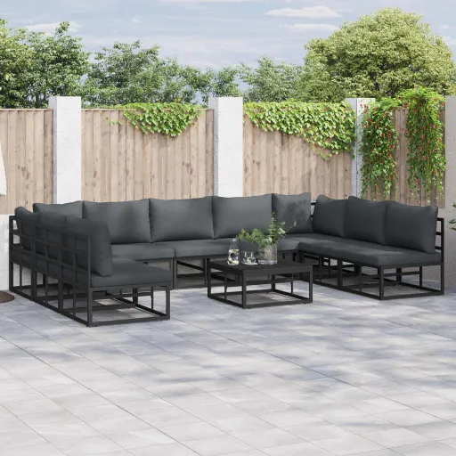 Conjunto de Sofá de Jardim com Almofada   Preto Alumínio (9 pcs)