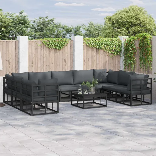 Conjunto de Sofá de Jardim com Almofada   Preto Alumínio (9 pcs)