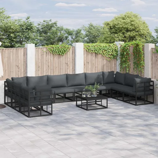 Conjunto de Sofá de Jardim com Almofada   Preto Alumínio (10 pcs)