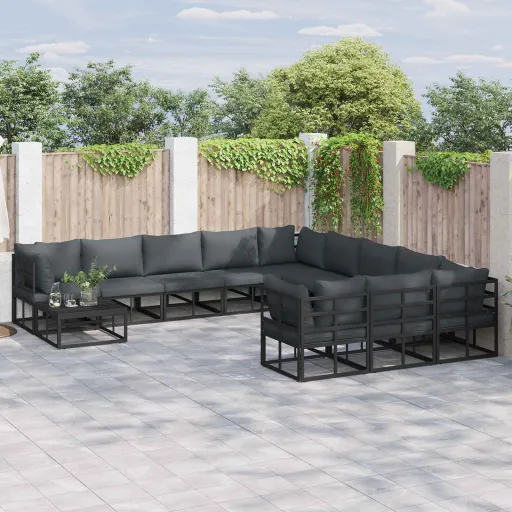 Conjunto de Sofá de Jardim com Almofada   Preto Alumínio (11 pcs)