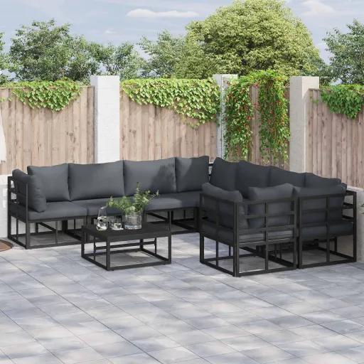 Conjunto de Sofá de Jardim com Almofada   Preto Aço (9 pcs)