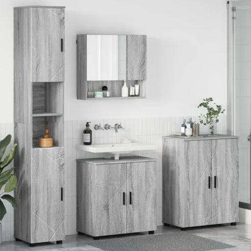 Conjunto de Móveis para Banheiro com Porta   Cinza Sonoma (4 pcs)