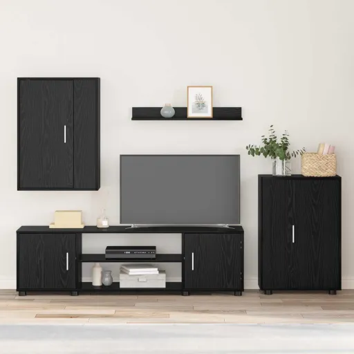 Conjunto de Móvel de TV   Carvalho Preto Madeira Processada (4 pcs)