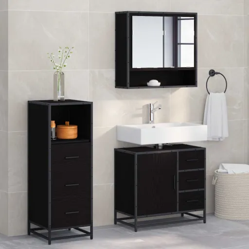 Conjunto de Móveis para Banheiro com Porta   Carvalho Preto (3 pcs)