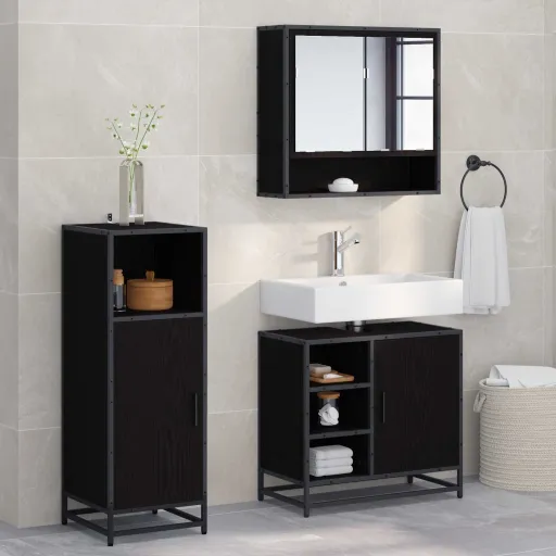 Conjunto de Móveis para Banheiro com Porta   Carvalho Preto (3 pcs)