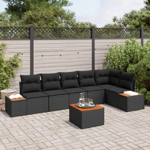Conjunto de Sofá de Jardim com Almofada   Preto Polirattan (6 pcs)