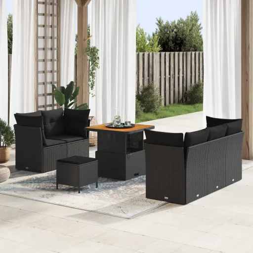 Conjunto de Sofá de Jardim   Preto Vime PE (8 pcs)