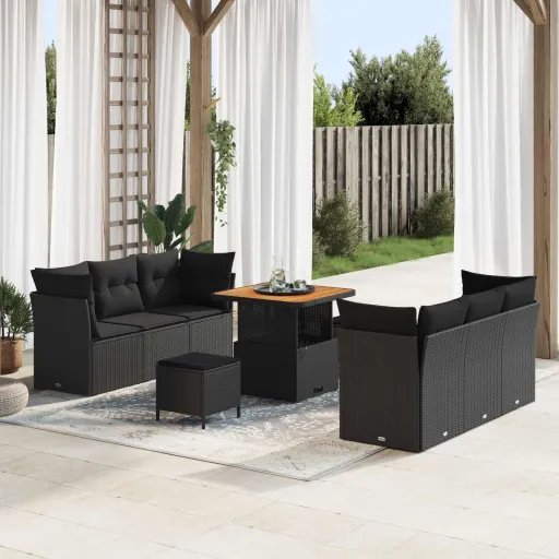 Conjunto de Sofá de Jardim   Preto Vime PE (9 pcs)