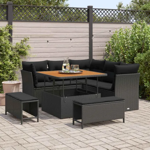Conjunto de Sofá de Jardim   Preto Vime PE (8 pcs)