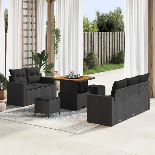 Conjunto de Sofá de Jardim com Almofada   Preto Vime PE (8 pcs)