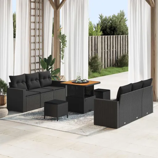 Conjunto de Sofá de Jardim   Preto Vime PE (9 pcs)