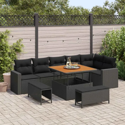 Conjunto de Sofá de Jardim   Preto Vime PE (9 pcs)