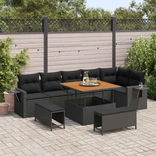 Conjunto de Sofá de Jardim   Preto Vime PE (9 pcs)