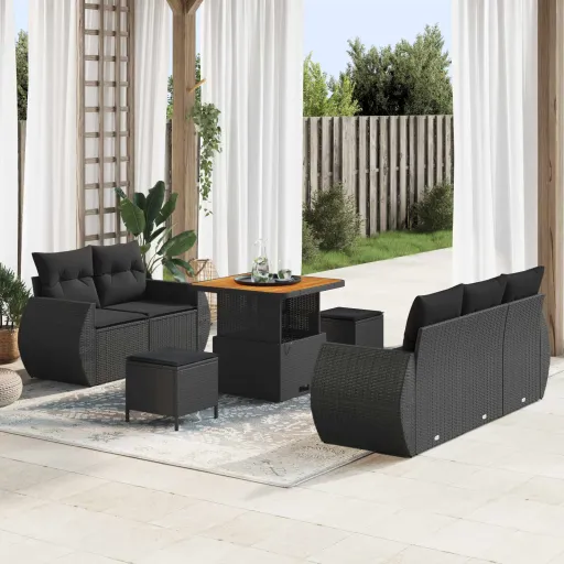 Conjunto de Sofá de Jardim   Preto Vime PE (8 pcs)