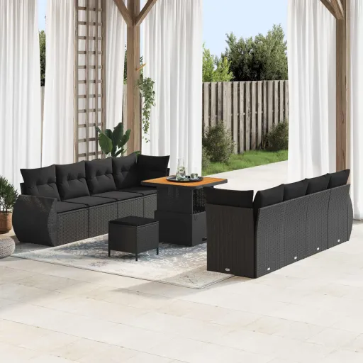 Conjunto de Sofá de Jardim com Almofada   Preto Vime PE (11 pcs)
