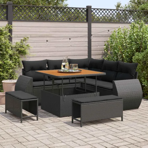 Conjunto de Sofá de Jardim   Preto Vime PE (8 pcs)