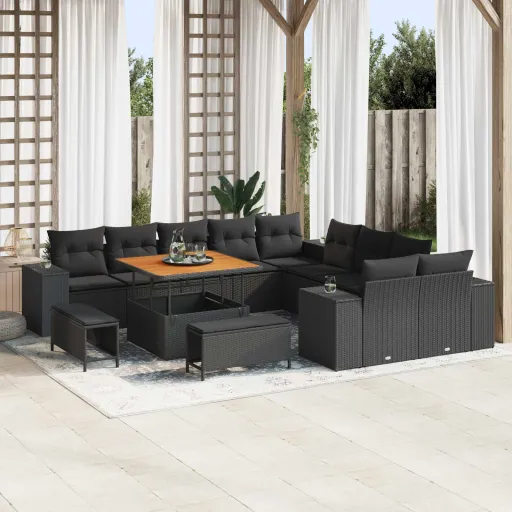 Conjunto de Sofá de Jardim com Almofada   Preto Vime PE (13 pcs)