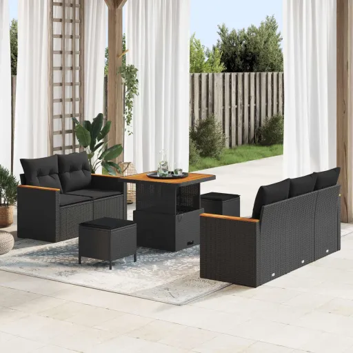 Conjunto de Sofá de Jardim   Preto Vime PE (8 pcs)