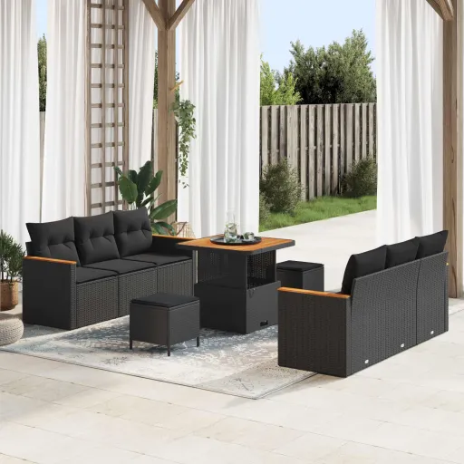 Conjunto de Sofá de Jardim   Preto Vime PE (9 pcs)