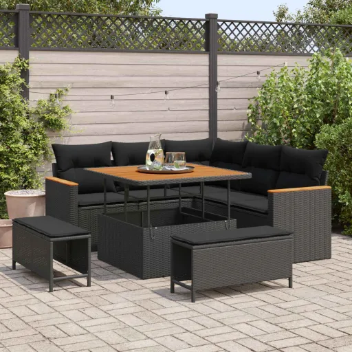 Conjunto de Sofá de Jardim   Preto Vime PE (8 pcs)