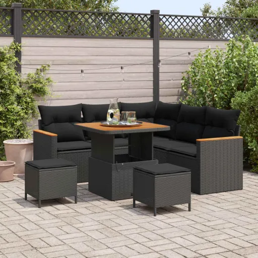 Conjunto de Sofá de Jardim   Preto Vime PE (8 pcs)