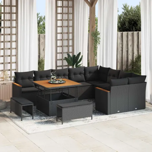 Conjunto de Sofá de Jardim   Preto Vime PE (12 pcs)
