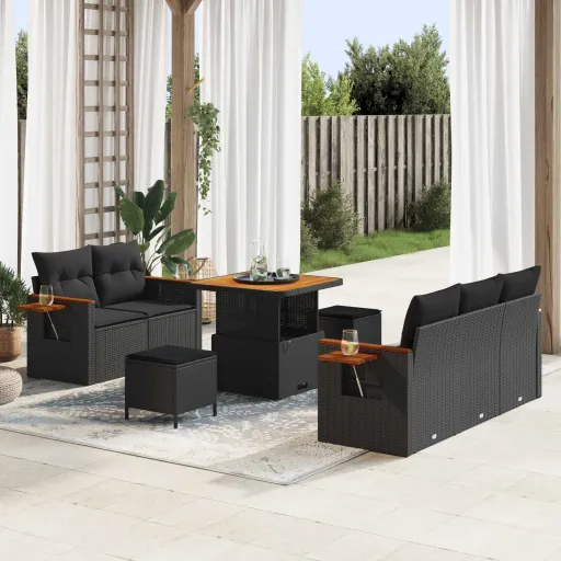 Conjunto de Sofá de Jardim com Almofada   Preto (8 pcs)