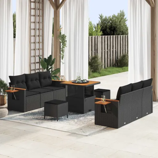 Conjunto de Sofá de Jardim com Almofada   Preto (9 pcs)