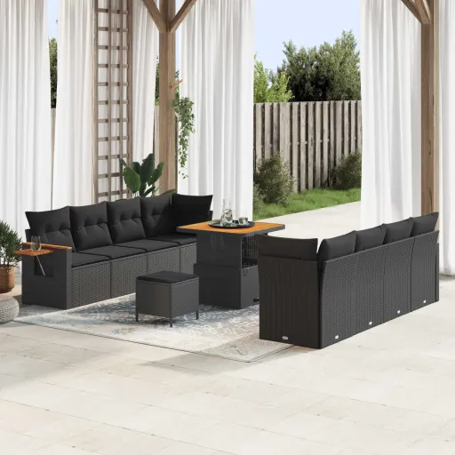 Conjunto de Sofá de Jardim com Almofada   Preto (11 pcs)