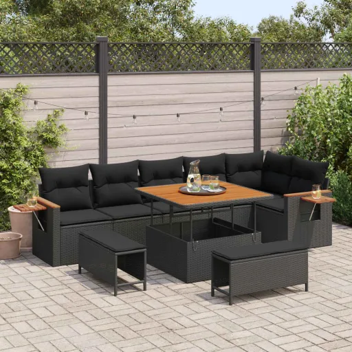 Conjunto de Sofá de Jardim com Almofada   Preto (9 pcs)