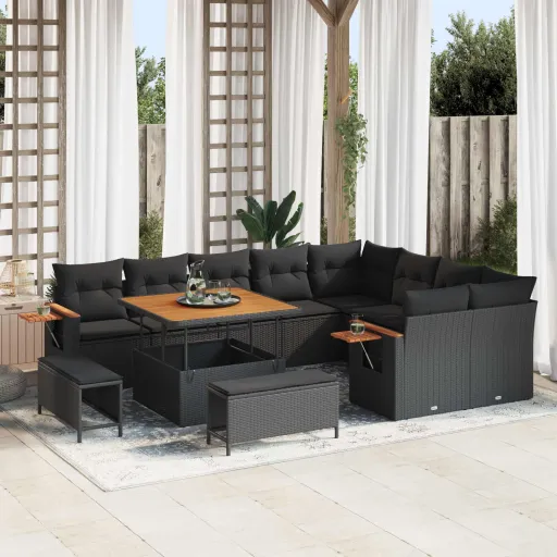Conjunto de Sofá de Jardim com Almofada   Preto (12 pcs)