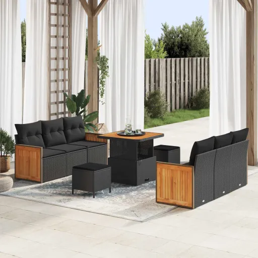Conjunto de Sofá de Jardim com Almofada   Preto (9 pcs)