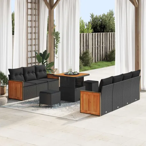 Conjunto de Sofá de Jardim com Almofada   Preto (10 pcs)