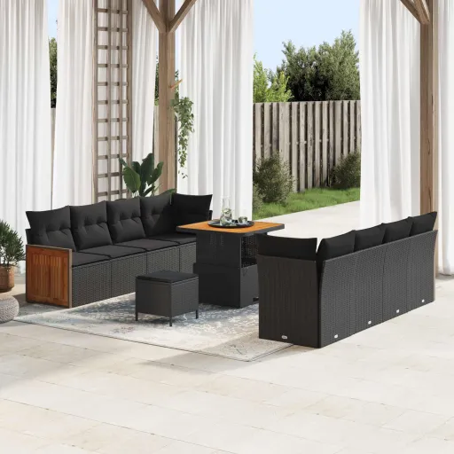 Conjunto de Sofá de Jardim com Almofada   Preto (11 pcs)
