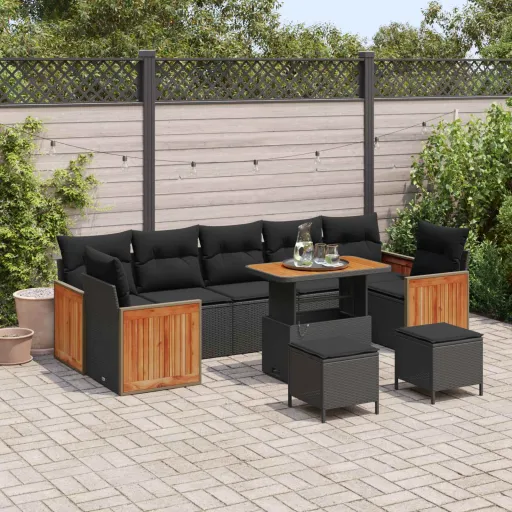 Conjunto de Sofá de Jardim com Almofada   Preto (10 pcs)