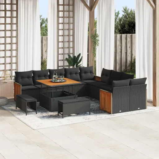 Conjunto de Sofá de Jardim com Almofada   Preto (13 pcs)