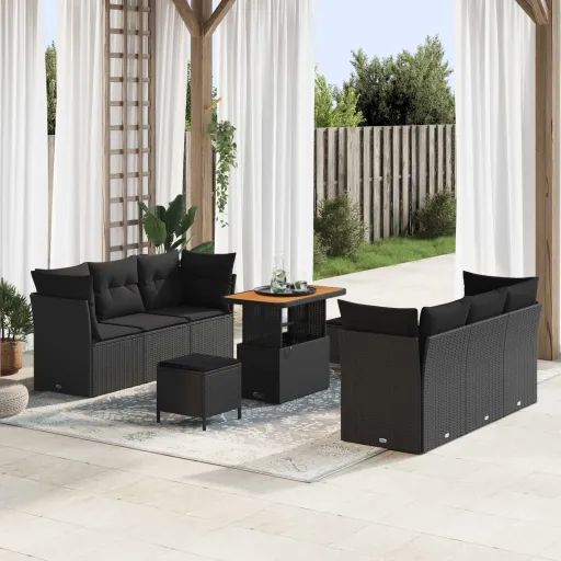 Conjunto de Sofá de Jardim com Almofada   Preto Vime PE (9 pcs)